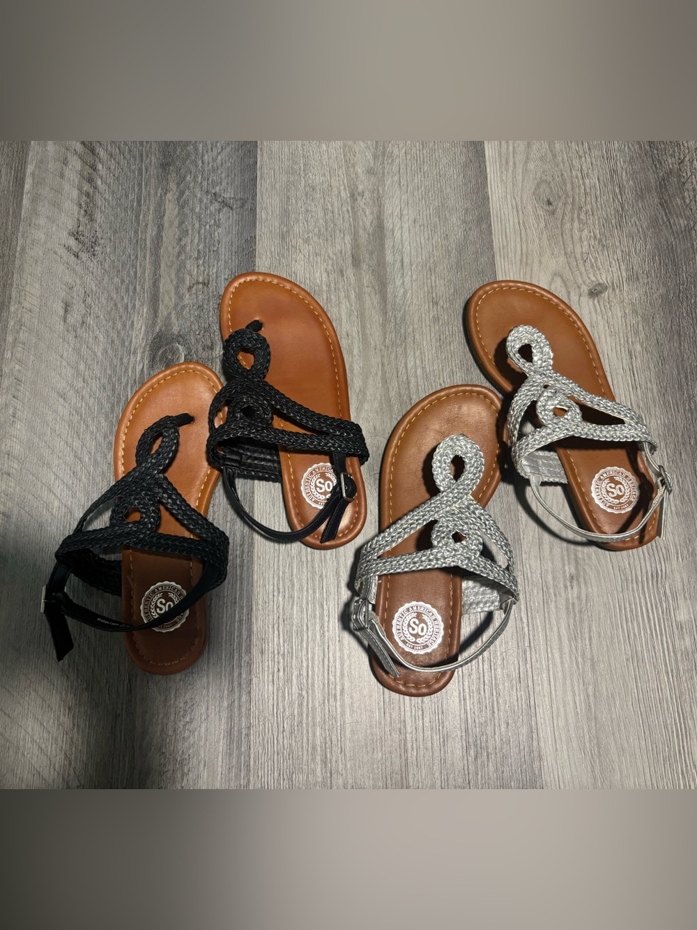SO Braided Loop Kids Sandals in Black and Silver on Brown Footbed